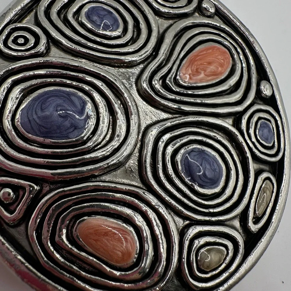 VTG Silver Tone Round Belt Buckle Purple Coral Enamel Swirl Statement Boho Retro